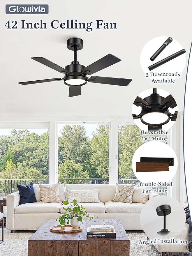 42 Inch Ceiling Fan with Lights and Remote, Smart APP Control, Dimmable with All-Setting Memory, Quiet DC Motor Reversible Blades, Damp Rated Modern Ceiling Fan for Bedroom Patio Living Room