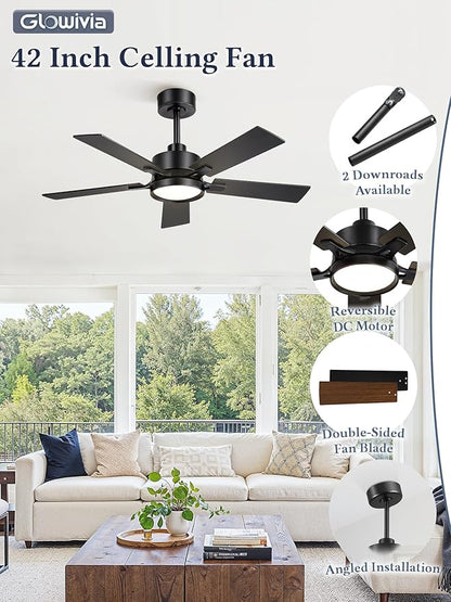42 Inch Ceiling Fan with Lights and Remote, Smart APP Control, Dimmable with All-Setting Memory, Quiet DC Motor Reversible Blades, Damp Rated Modern Ceiling Fan for Bedroom Patio Living Room