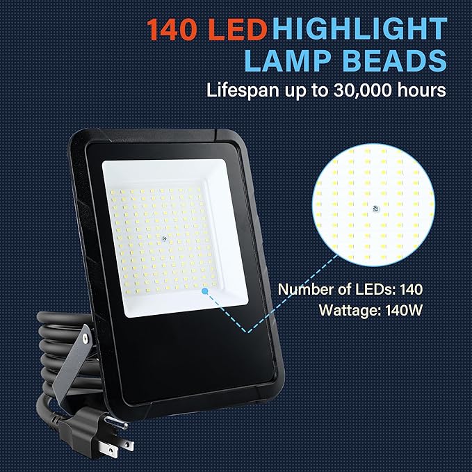 Simple Deluxe 140W Flood Lights Outdoor, 14000LM Bright LED Work Light with Plug, 6500K Daylight, IP66 Waterproof Security Lights Yard Lights, 2 Pack