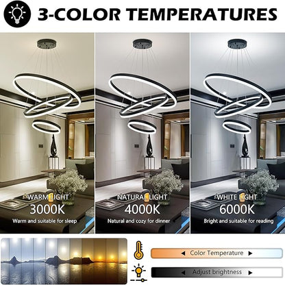 31.5" Black Modern Led Chandelier 3 Ring Modern Led Pendant Light Contemporary Ring Chandeliers Dimmable Chandeliers Color Temperature Adjustable Height Hanging Chandelier for Living Room