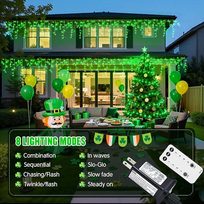 JMEXSUSS 400 LED 38.8F Green Icicle Lights for St Patrick's Day, Green Christmas Lights Indoor Outdoor, String Icicle Light for St Patrick House Fireplace Party Yard Decoration