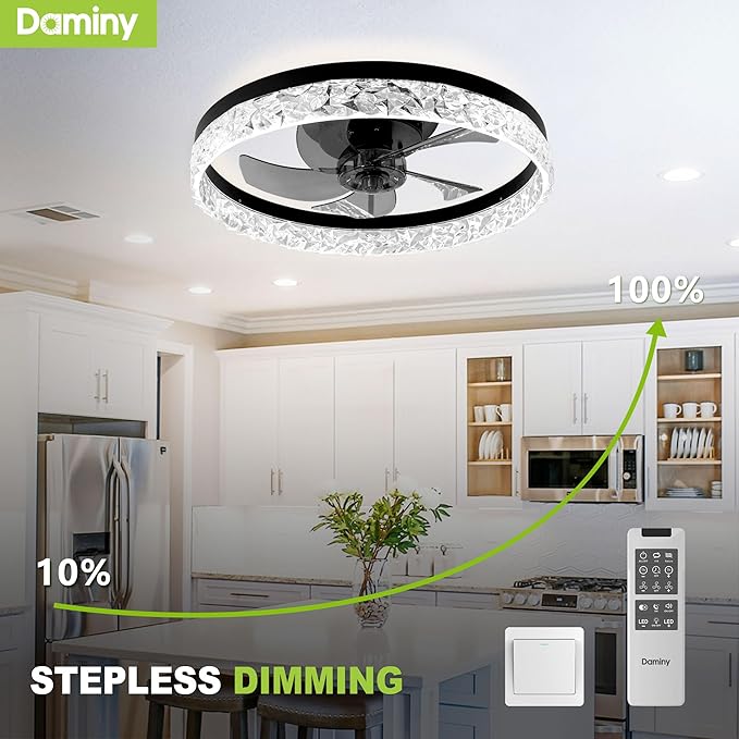 DAMINY 20inch White Ceiling Fans with Lights and Remote, 6CCT, Dimmable Smart Low Profile Ceiling Fan with Light, 6 Speeds Flush Mount Modern Bladeless Ceiling Fan for Bedroom