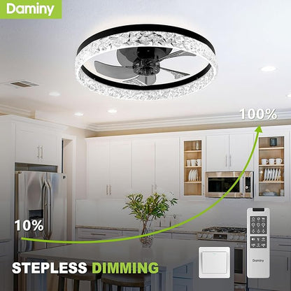 DAMINY 20inch White Ceiling Fans with Lights and Remote, 6CCT, Dimmable Smart Low Profile Ceiling Fan with Light, 6 Speeds Flush Mount Modern Bladeless Ceiling Fan for Bedroom