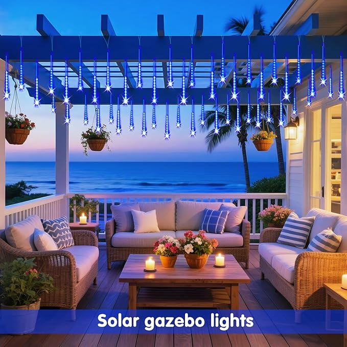 JMEXSUSS Solar Christmas Lights Outdoor, 8 Tube 144 LEDs Solar Meteor Shower Lights Outdoor, Hanging Blue Christmas Light for Tree Icicle Garden Yard Patio Gazebo Party Xmas Decor
