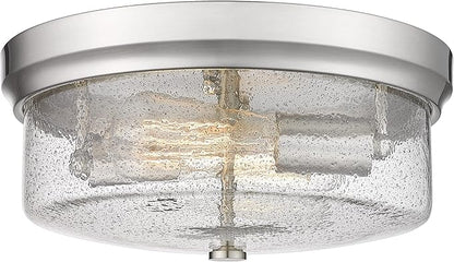 12inch Flush Mount Ceiling Light, Close to Ceiling Light Fixtures, Brushed Nickel Finish with Handmade Seeded Smoky Art Glass Shade for Living Bedroom Room Hallway