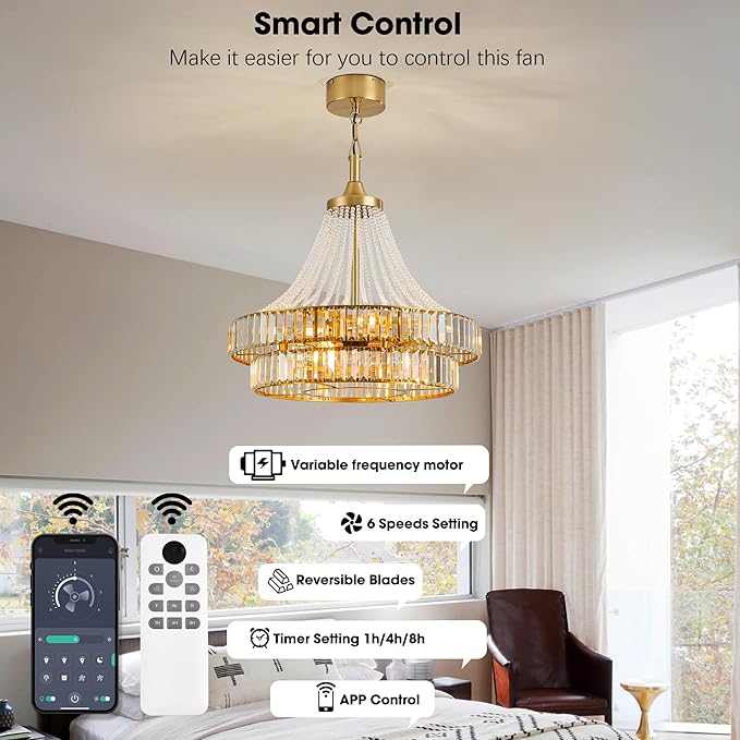 24“ Modern Crystal Chandelier Ceiling Fan with Lights, Remote & App Control, 6-Speed Reversible Large Fandelier, Double Layer Design for Bedroom, Living Room (Luxury Gold)