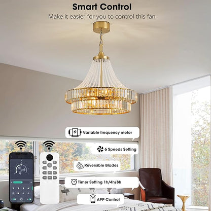 24“ Modern Crystal Chandelier Ceiling Fan with Lights, Remote & App Control, 6-Speed Reversible Large Fandelier, Double Layer Design for Bedroom, Living Room (Luxury Gold)
