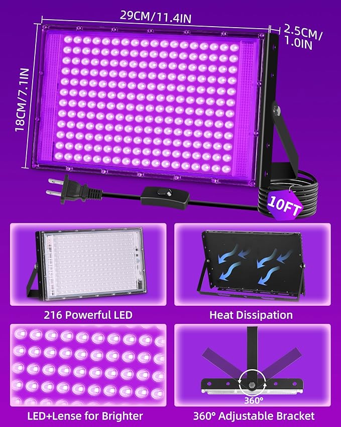 THECHAM 200W LED Black Lights IP66 Waterproof Black Light Outdoor with 10ft Plug+Switch, Flood Blacklight for Halloween Glow in The Dark Party Stage Light Neon Glow Birthday 2 Pack