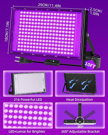 THECHAM 200W LED Black Lights IP66 Waterproof Black Light Outdoor with 10ft Plug+Switch, Flood Blacklight for Halloween Glow in The Dark Party Stage Light Neon Glow Birthday 2 Pack