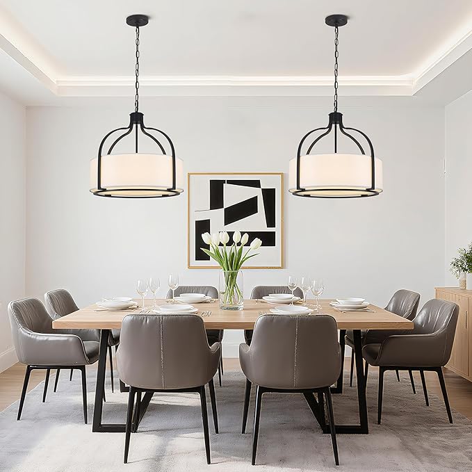 20.5'' Modern Black Drum Chandelier, 5-Light Large Farmhouse Chandeliers for Dining Room Hanging Light Fixture Drum Pendant Light with White Fabric Shade for Kitchen Living Room Foyer Entryway Bedroom