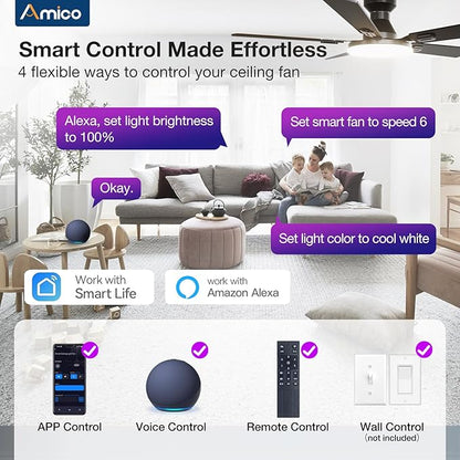 Amico Ceiling Fans with Lights, 52'' Smart RGB Ceiling Fan with Remote/APP/Alexa Control, Flush Mount, Reversible DC Motor, 5 Blades, 6 Speeds, 3CCT, Dimmable, Noiseless, Bedroom, Living Room, Black