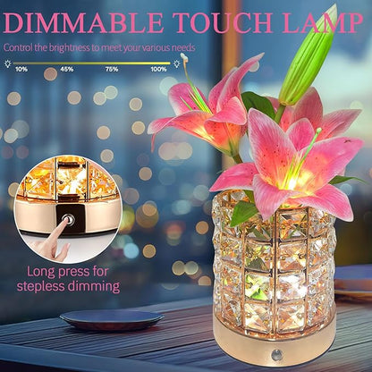 Lily Flower Lamps, Rechargeable Cordless Small Desk Lamp, 3 Colors Dimmable Artificial Flowers Night Light, Fake Bouquet 3 Lilies with Crystal Vase for Home Date Party Decoration (Pink - Lily)