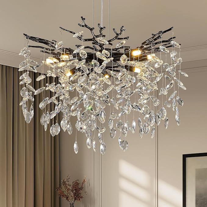 Benkut Black Tree Branch Crystal Chandelier 23.6" Modern Crystal Raindrop Chandeliers 8-Light Luxury Brach Chandelier for Dining Room Kitchen Bedroom Living Room
