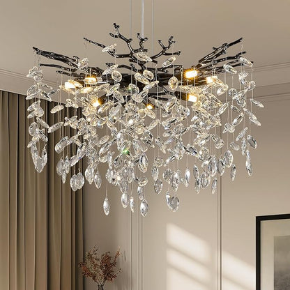 Benkut Black Tree Branch Crystal Chandelier 23.6" Modern Crystal Raindrop Chandeliers 8-Light Luxury Brach Chandelier for Dining Room Kitchen Bedroom Living Room