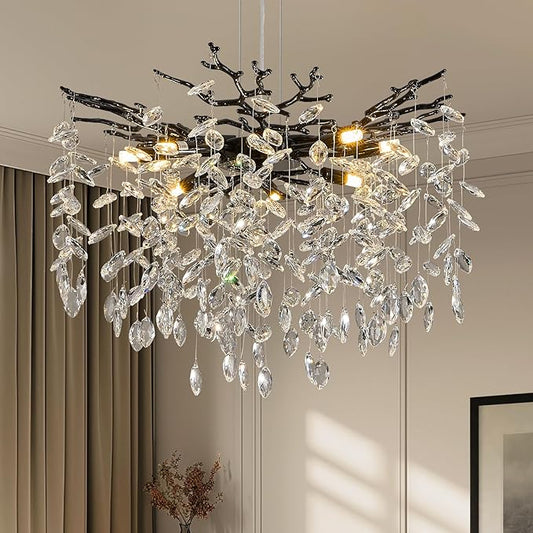 Benkut Black Tree Branch Crystal Chandelier 23.6" Modern Crystal Raindrop Chandeliers 8-Light Luxury Brach Chandelier for Dining Room Kitchen Bedroom Living Room