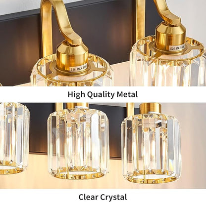 4 Light Crystal Vanity Lights for Bathroom, Modern Matte Black and Gold Wall Lighting Fixtures with Crystal Round Shade Over Mirror (Exclude Bulb)