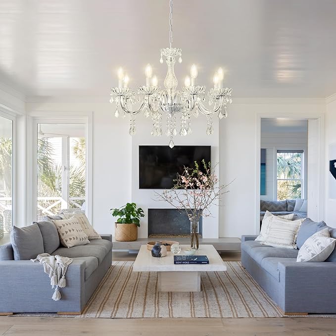 Crystal Chandelier Hanging Pendant Light Fixture,8 Lights Glass Candle Chandeliers for Kitchen Island Dining Rooms Bedroom Living Room Bar Ceiling Light