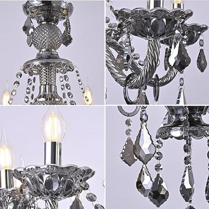 6-Light Modern Crystal Chandelier Lighting Smoky Gray Luxury Ceiling Light Fixture Hanging Crystal Chandelier for Dining Room Living Room Bedroom