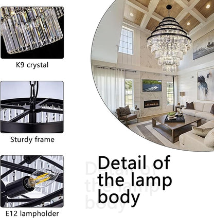 Wellmet Extra Large Crystal Chandelier, Black 9-Tier Luxury Crystal Chandelier, for Living Room, Dining Room, Porch, Entryway, Hallway, Restaurant, 40''W