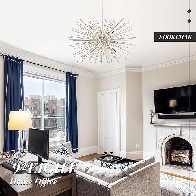 32in Nickel Sputnik Chandelier Solid Metal Starburst Chandelier Light Fixture 9-Light Mid Century Modern Satellite Light Fixture for Living Room Dining Room Foyer Study Room Bathroom