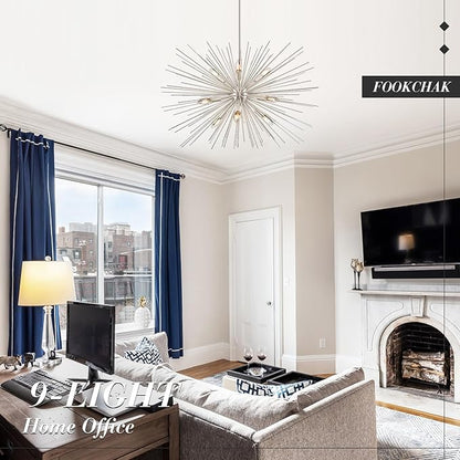 32in Nickel Sputnik Chandelier Solid Metal Starburst Chandelier Light Fixture 9-Light Mid Century Modern Satellite Light Fixture for Living Room Dining Room Foyer Study Room Bathroom