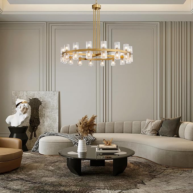 36" Gold Wagon Wheel Crystal Chandelier for Dining Room Over Table, Modern Round K9 Crystal Ceiling Chandelier Pendant Light Ideal for Living Room Entryway Foyer