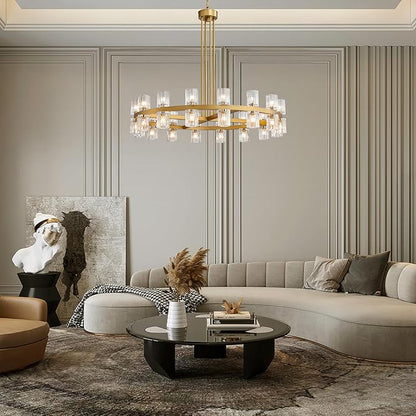 36" Gold Wagon Wheel Crystal Chandelier for Dining Room Over Table, Modern Round K9 Crystal Ceiling Chandelier Pendant Light Ideal for Living Room Entryway Foyer