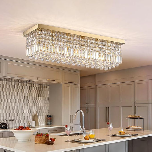 Crystal Chandeliers,6-Lights Gold Rectangular Chandelier,Crystals Pendant Light Fixture for Dining Living Room Kitchen Dining Room Bedroom Bathroom Hotel