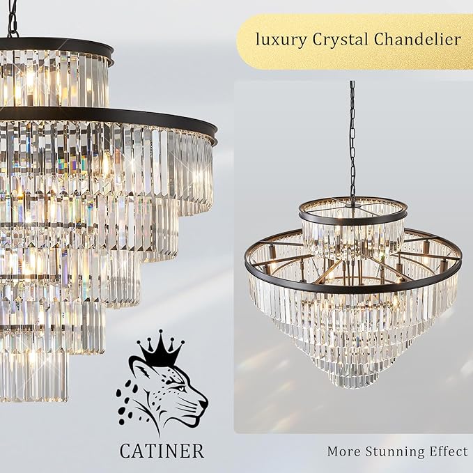 CATINER Large Crystal Chandeliers 23 Lights 36" Modern Black Luxury Chandelier for Foyer Staircase Chandeliers 6 Tiers Round K9 Ceiling Pendant Lighting Fixture for Living Dining Room