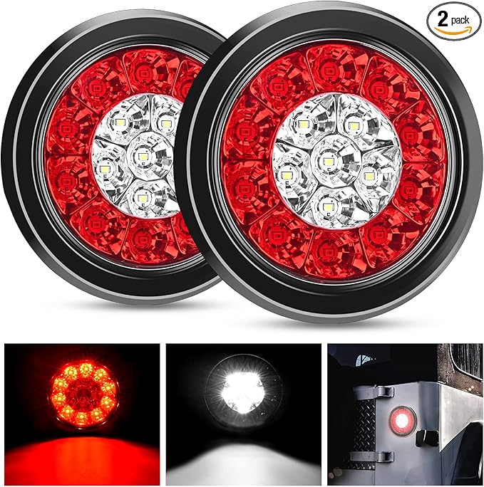 Nilight 2PCS 4 Inch Round Red White LED Trailer Tail Lights 16LEDs Flush Mount Grommets IP67 Waterproof Stop Brake Running Reverse Light for Trucks Trailers RV