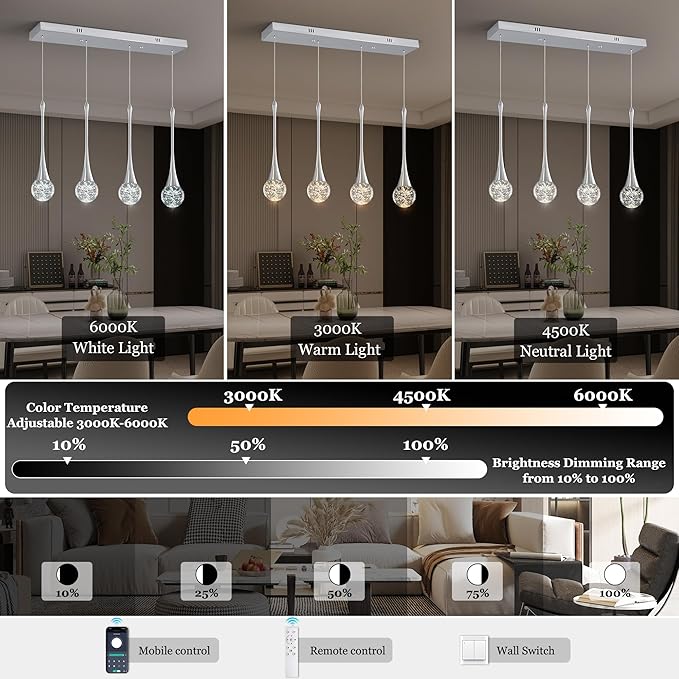 Modern Chrome Crystal Chandelier for Kitchen Island 4-Lights, Luxury Retangular Dimmable LED Bubble Raindrop Pendant Lighting Fixture for Dining Room Foyer Entryway Bedroom