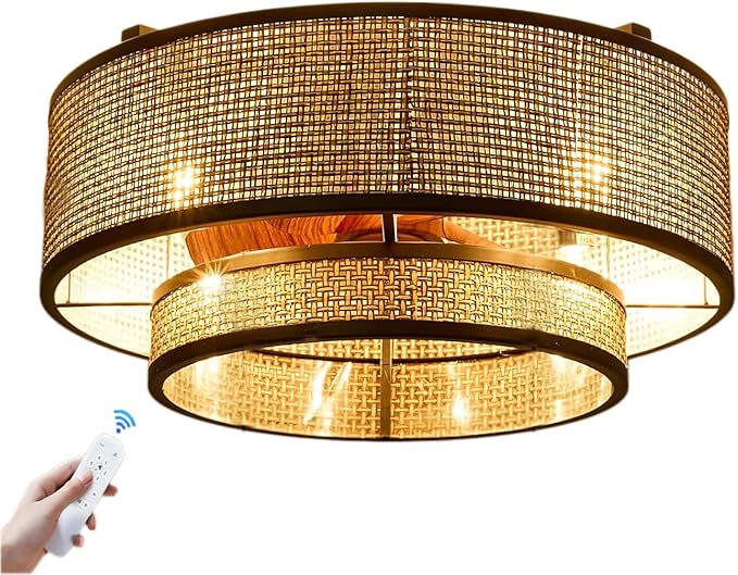 18.9" Boho Caged Ceiling Fan with Lights Remote, 4-Light Vintage Rattan Woven Chandelier Fan with Light Reversible Motor, Chandelier Ceiling Fan for Bedroom, Living Room