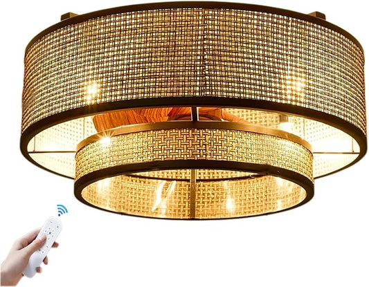 18.9" Boho Caged Ceiling Fan with Lights Remote, 4-Light Vintage Rattan Woven Chandelier Fan with Light Reversible Motor, Chandelier Ceiling Fan for Bedroom, Living Room