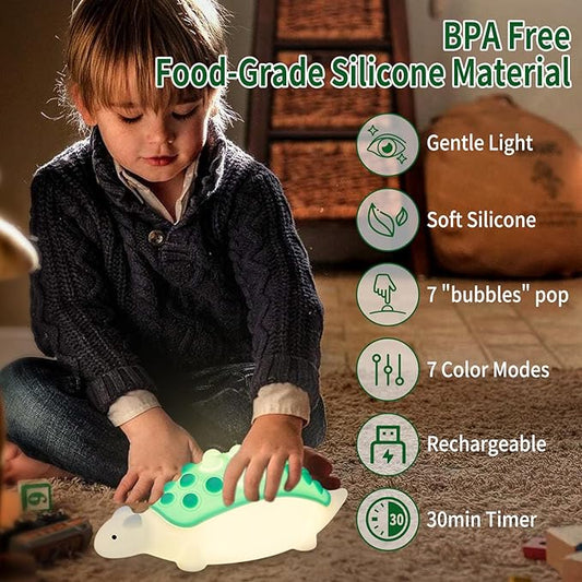 Dinosaur Kids Night Light,Silicone Nursery Dino Lamp with Pop Bubble,7 Nightlight Modes Rechargeable Bedside Touch,Baby Room Decor,Cute Dinosaurs Gifts for Toddler(Green)