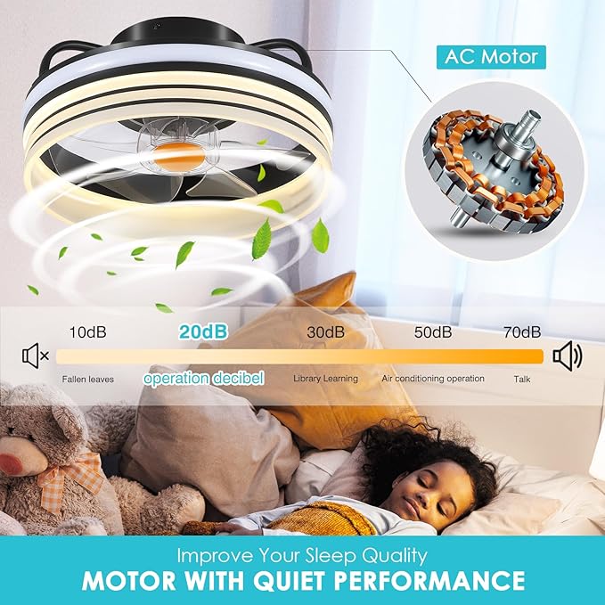 Mpayel Flush Mount Ceiling Fan with Light - Small Low Profile Ceiling Fan,13" RGB Dimmable LED Bladeless Ceiling Fans, Modern Enclosed LED-RGB Ambient Light for Bedroom, Kids Room, Party
