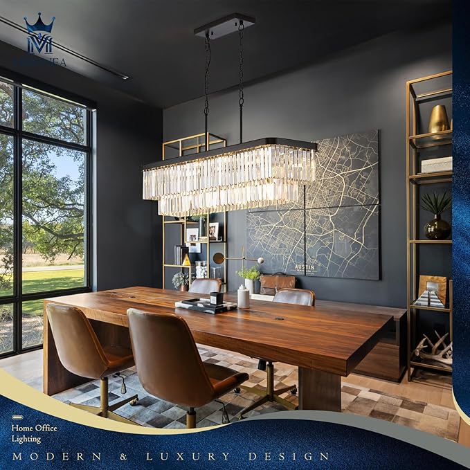 L40” Large Modern Rectangular Chandeliers 12 Lights Luxury K9 Crystal Ceiling Pendant Light Fixture Modern Black Long Chandelier for Kitchen Island Dining Room Living Room Bar