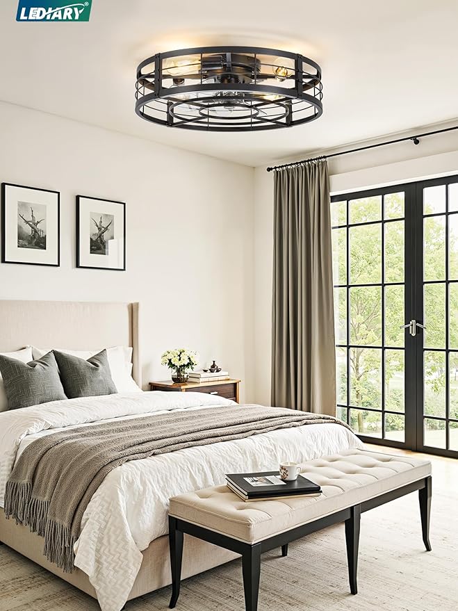 LEDIARY 23" Caged Ceiling Fan with Light and Remote, Low Profile Flush Mount Fandelier, Black Bladeless Enclosed Small Fan Lights Ceiling Fixtures, Rustic Farmhouse Style for Bedroom, Outdoor
