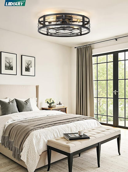 LEDIARY 23" Caged Ceiling Fan with Light and Remote, Low Profile Flush Mount Fandelier, Black Bladeless Enclosed Small Fan Lights Ceiling Fixtures, Rustic Farmhouse Style for Bedroom, Outdoor