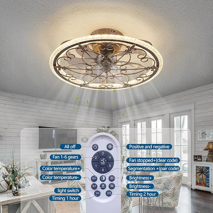 Rustic Caged Ceiling Fan with Lights Remote Control, Retro Industrial Ceiling Fan with Light for Kitchen Bedroom Living Room