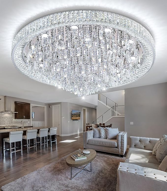 47" Modern Chandeliers LED Dimmable Crystal Flush Mount Ceiling Chandeliers for Living Room High Ceiling Entrance Foyer Lobby Bedroom Silver