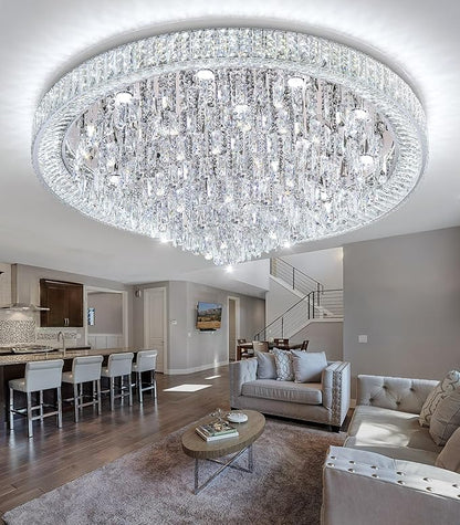 47" Modern Chandeliers LED Dimmable Crystal Flush Mount Ceiling Chandeliers for Living Room High Ceiling Entrance Foyer Lobby Bedroom Silver