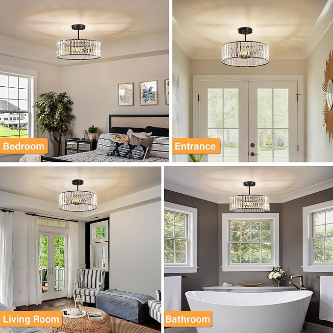 YURNYQ Black Crystal Ceiling Light Fixture, Modern Semi Flush Chandelier, Round Hanging Lighting Chandeliers for Dining Room, Kitchen, Bedroom, 3-Light, 15.74 Inch