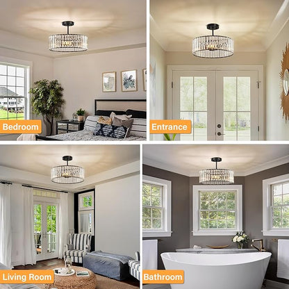 YURNYQ Black Crystal Ceiling Light Fixture, Modern Semi Flush Chandelier, Round Hanging Lighting Chandeliers for Dining Room, Kitchen, Bedroom, 3-Light, 15.74 Inch