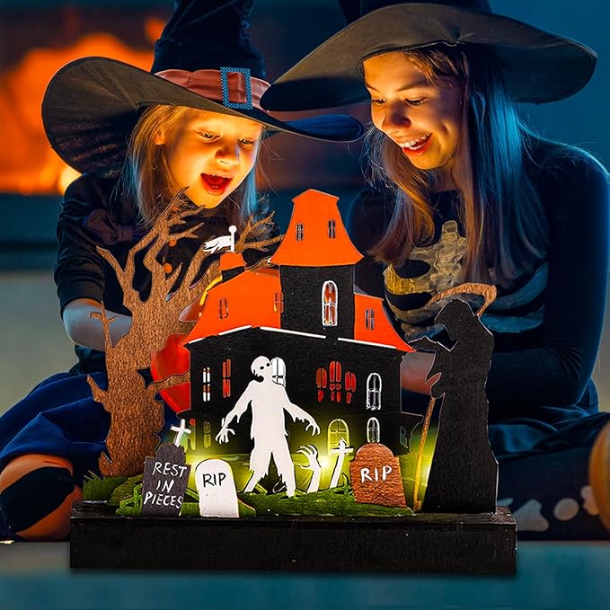 2 Pieces Wooden Halloween Table Decorations Indoor, Festival Decoration Night Light, Witch Tombstone Castle Halloween Decor for Desk Table Fireplace Room Living Room Kitchen Office Bar