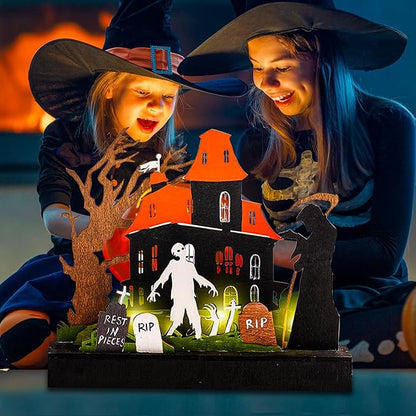 2 Pieces Wooden Halloween Table Decorations Indoor, Festival Decoration Night Light, Witch Tombstone Castle Halloween Decor for Desk Table Fireplace Room Living Room Kitchen Office Bar