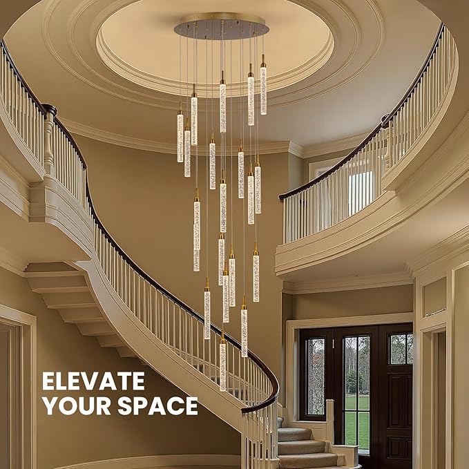 SNZ 20-Light Gold Crystal Chandelier, High Ceiling Chandelier for Staircase, Modern LED Dimmable Pendant Light Fixture for Entryway Hallway Living Room, 157in, Gold