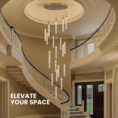 SNZ 20-Light Gold Crystal Chandelier, High Ceiling Chandelier for Staircase, Modern LED Dimmable Pendant Light Fixture for Entryway Hallway Living Room, 157in, Gold