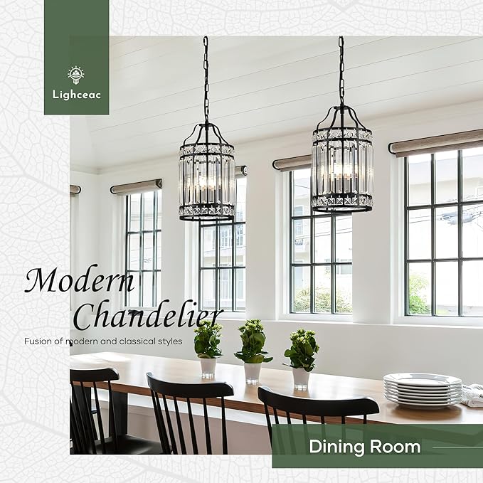 Modern Black Pendant Island Light Fixtures for Kitchen, Luxury Elegant Crystal Small 4-Light Chandeliers for Dining Room, Industrial Cage Hanging Ceiling Lighting for Bedroom Foyer Hallway