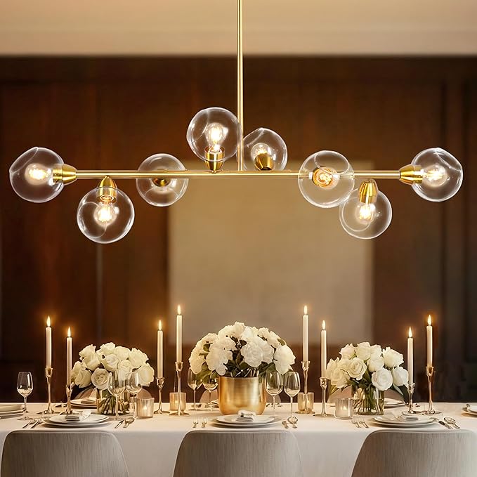 50" Gold Modern Sputnik Chandeliers, Open Clear Glass Globe Linear Chandeliers for Dining Room, 8-Light Luxury Dining Room Light Linear Kitchen Island Lights Large Long Chandelier, Electroplated Brass