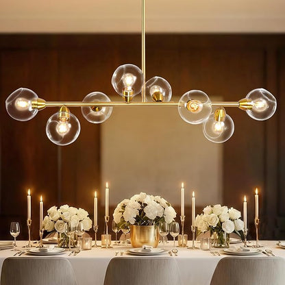 50" Gold Modern Sputnik Chandeliers, Open Clear Glass Globe Linear Chandeliers for Dining Room, 8-Light Luxury Dining Room Light Linear Kitchen Island Lights Large Long Chandelier, Electroplated Brass